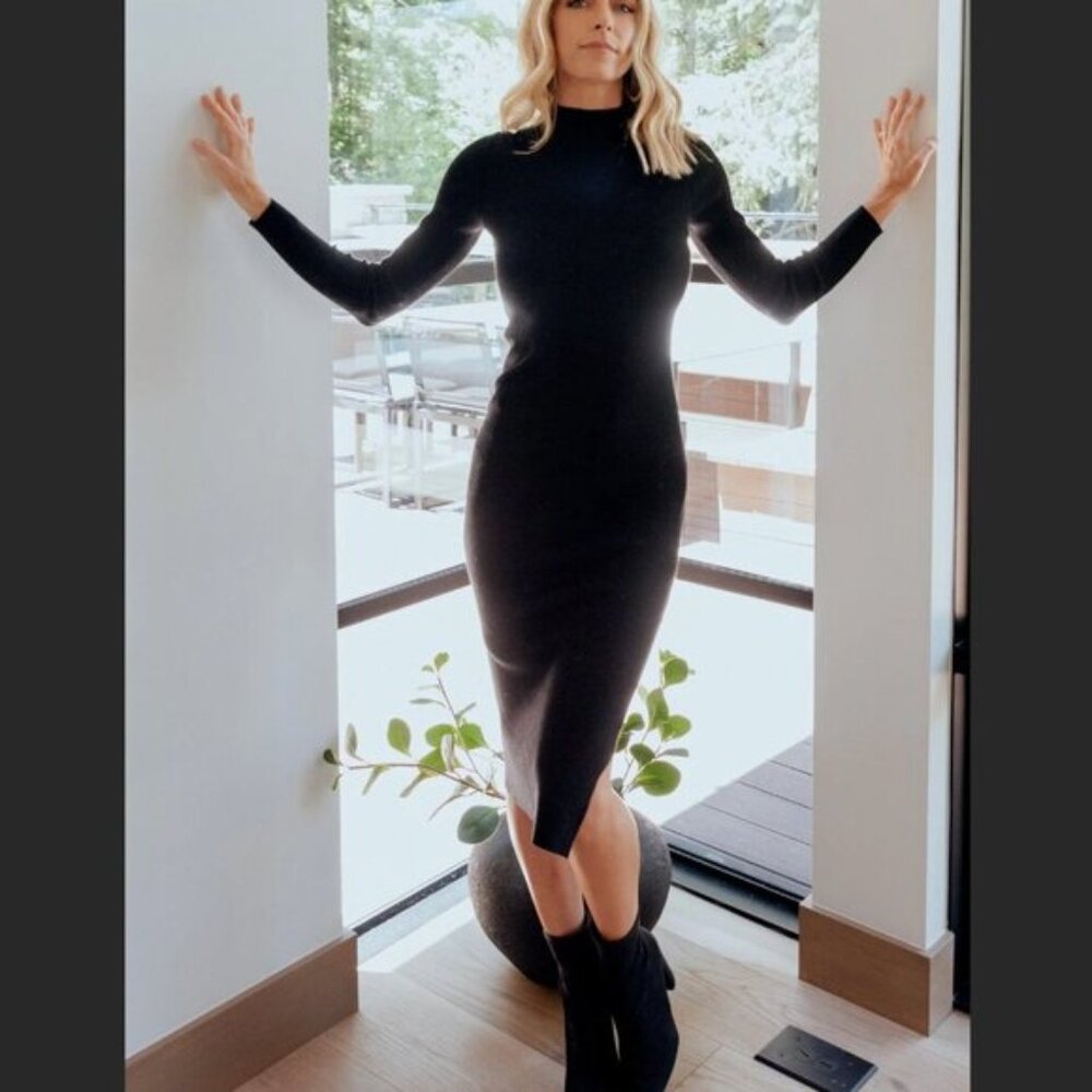 Set 100% Merino Wool Black Knit Sweater Dress Midi Bodycon Sz L